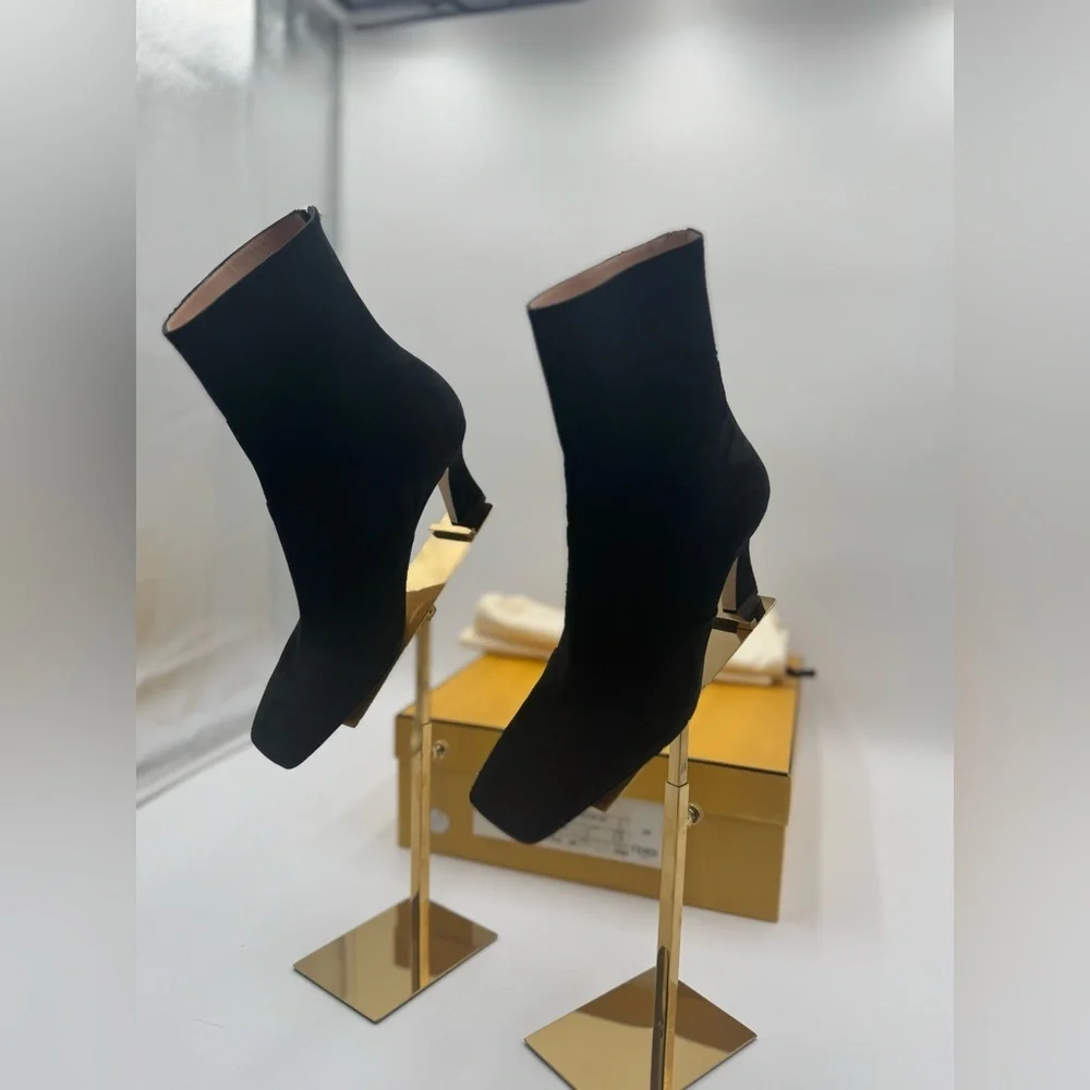 Fendi Black Suede Ankle Boots Logo Zip Heel Booties NWT Box IT 35 - Picture 4 of 17